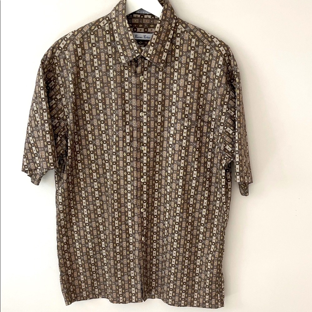 Burma Bibas Men's Geometric Brown Short Sleeve Button Down Shirt NWOT